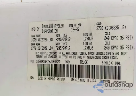2006 Dodge Ram 1500 Slt from USA, damaged, VIN 1D7HA16N76J164024